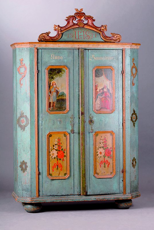 Bauernschrank, Bayern, dat. 1821, WH, orig. Fassung, florale und figürliche Darstellung, orig.Füße, Schriftzug: "Anna Baumgärtner", ...
