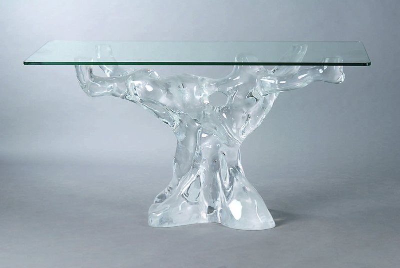 Plexiglastisch, De Stefano, Auflage 47/300, Fuß Plexiglas, sog. Knorpelstil, dicke Glasplatte, am Fuß signiert u. nummeriert, Gebr.-Sp.,ca. ...