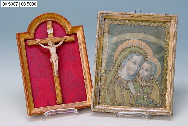 Heiligenbild, um 1830, Madonna mit Kind, Kupferstich m.alten Stoffen u.Brokat, u.Glas, ca.28x22cm, R., Alterssp.