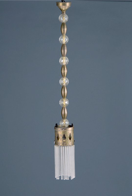 Hängelampe, wohl Wien, um 1900/05, Messing, geometrisierend, orig. Glasstäbe, große Nähe zu Wiener Werkstätte, Elektrifizierung nicht geprüft, ...