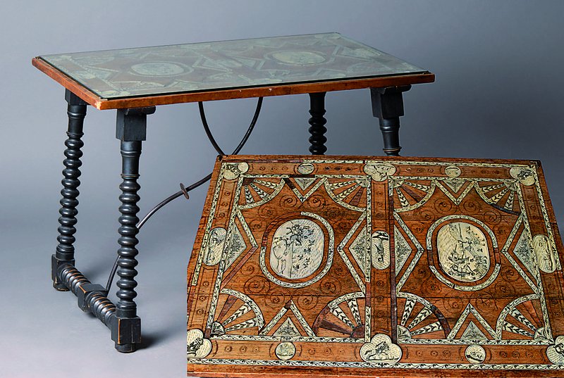 Beistelltisch, Historismus, um 1890, mit Elfenbeineinlagen, diese teils fehlend, Beine gedrechselt, geschwärzt, Glasplatte sek., st. Gebr.-Sp., ...