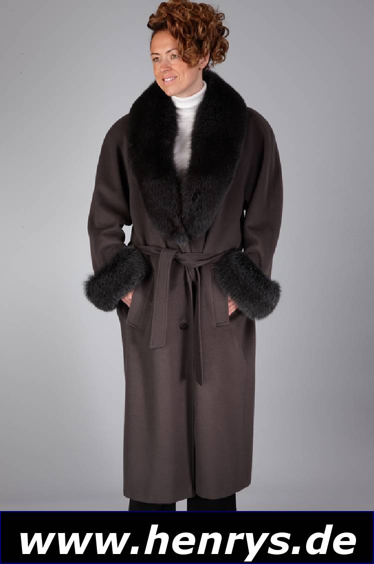 Cashmere-Mantel von LOUIS FÉRAUD, anthrazitgrau mit Blaufuchskragen und Blaufuchs- Manschetten, deutsche Gr. lt. Label 44, 70% Lambswool/30% ...