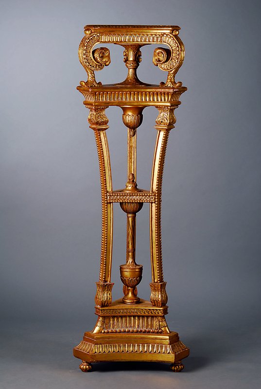Säule, nach venizianischem Vorbild v. 1770, WH, goldfarben gefasst, reich geschnitzt in Form v. Blättern und Widderköpfen, Zahnfriesverz., 5 ...