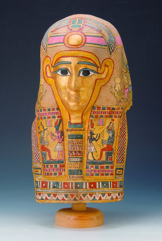 Mumienmaske, Ägypten, ca.500v.Chr., Leinen bunt bemalt, H.ca.56cm, rest., selten, sammelw. u. museal, Garantiebeleg von 1979 Kairo liegt vor; mit ...
