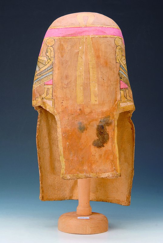 Detail a: Mumienmaske, Ägypten, ca.500v.Chr., Leinen bunt bemalt, H.ca.56cm, rest., selten, sammelw. u. museal, Garantiebeleg von 1979 Kairo liegt vor; mit ...