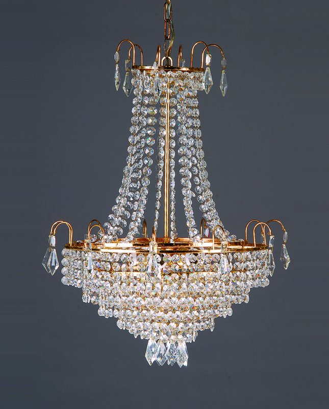 Deckenlampe, Mitte 20.Jh., reicher Kristallbehang, sechsfach anbehängt, 7 Brennstellen, ca. 70 cm, D. ca. 50 cm