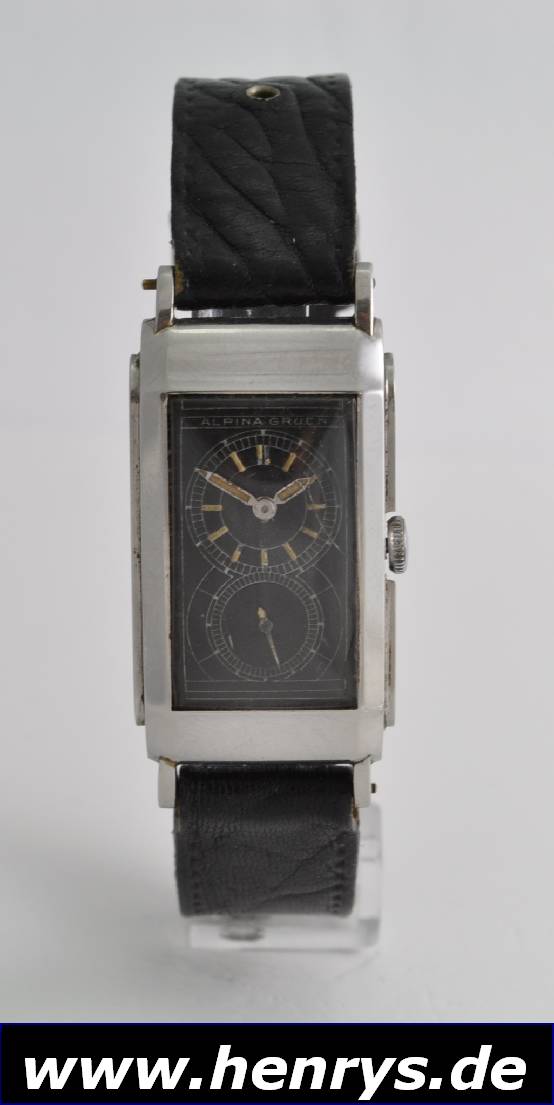 ALPINA GRUEN seltene Herrenarmbanduhr sog. Doctors-Watch, Schweiz um 1934, typ. aus der Mitte gezogene Zeigerachsen, Anz. v. Std., Min. & dezentrale ...