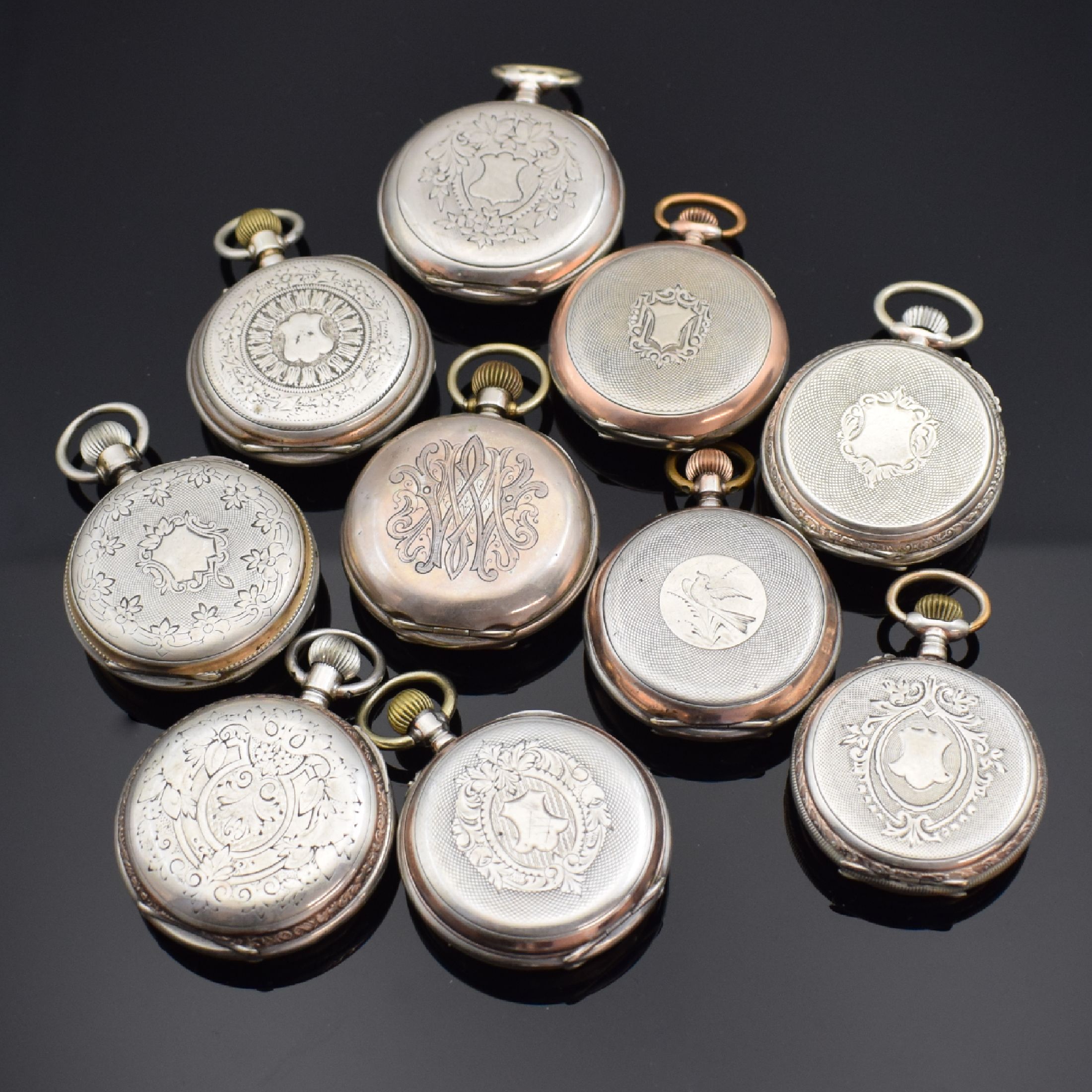 Detail a: Konvolut: 10 Taschenuhren, schweiz. Prod., um 1870-1900, alle Silbergeh., 1x System Glashütte (Krone & Welle fehl.,) m. Nr. 12260, 3/4 Platine, ...