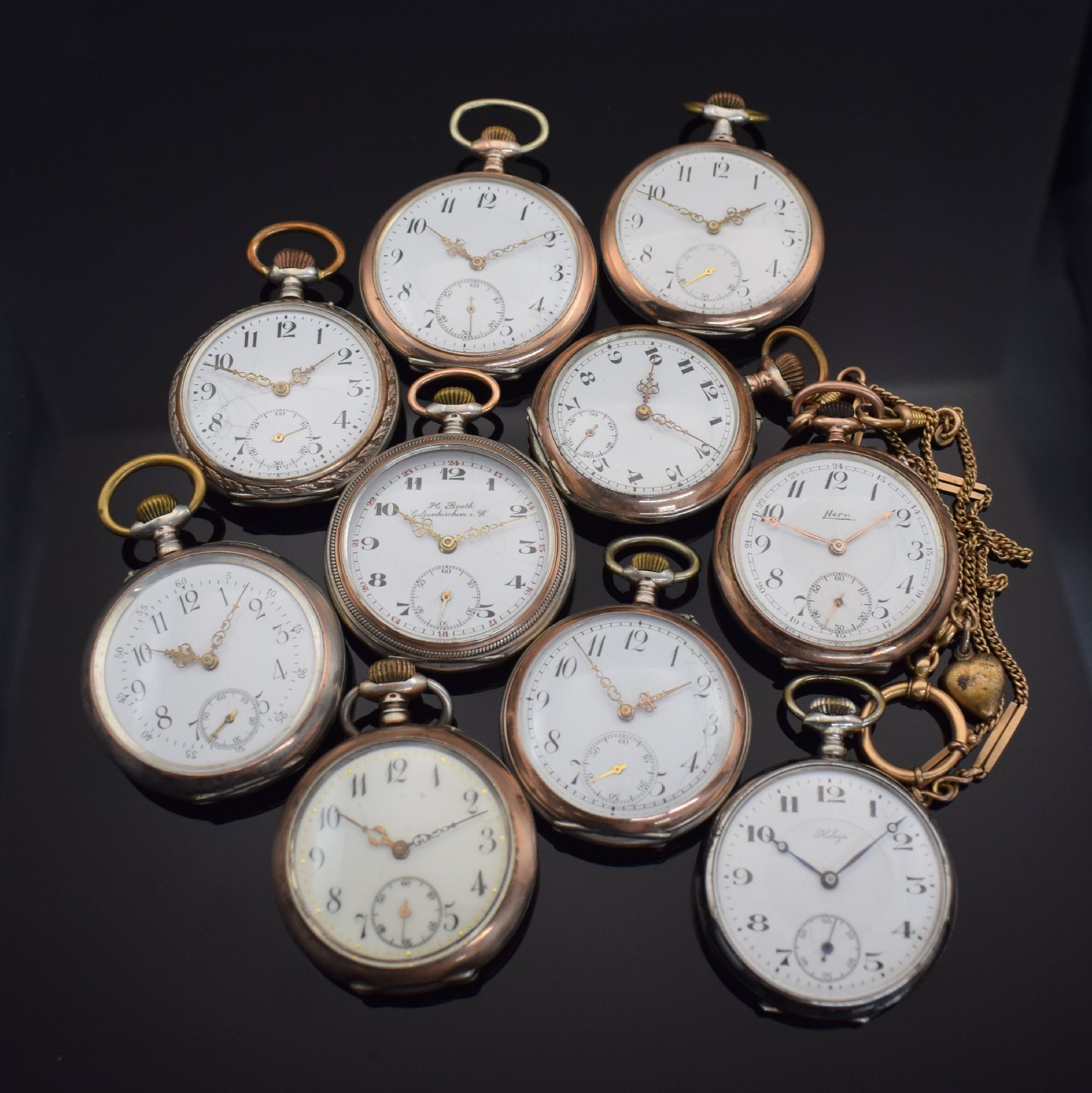 Konvolut: 10 Taschenuhren, schweiz. Prod., um 1870-1900, meist Silbergeh., 1x System Glashütte, m. 3/4 Platine, Ankerhemmung & Zylinderhemm., alle ...