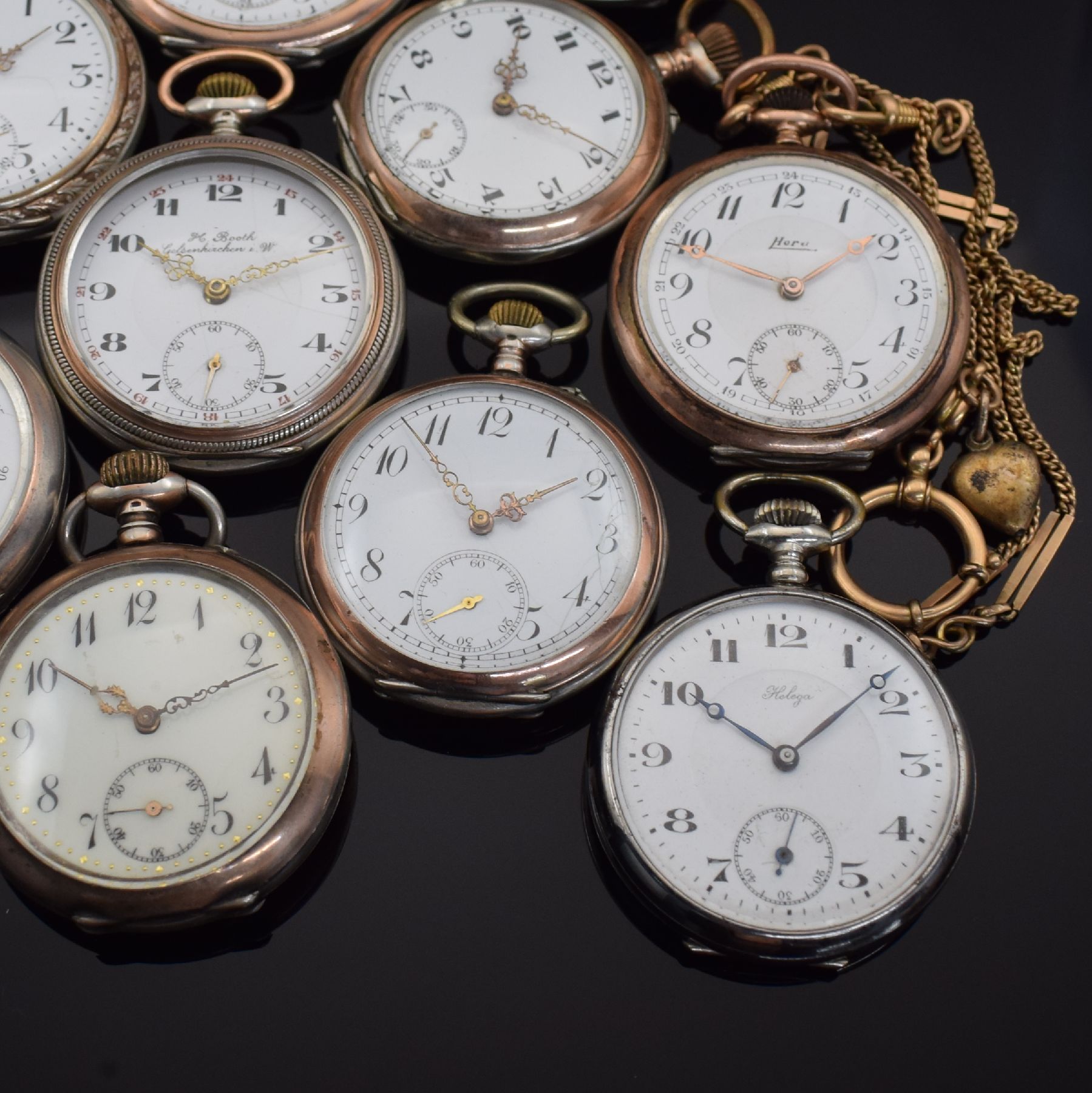 Detail b: Konvolut: 10 Taschenuhren, schweiz. Prod., um 1870-1900, meist Silbergeh., 1x System Glashütte, m. 3/4 Platine, Ankerhemmung & Zylinderhemm., alle ...