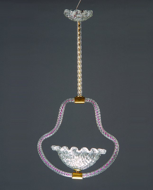 Deckenlampe, Murano, um 1940, wohl Barovier u. Toso, eine Brennstelle, in sich gedrehtes Glas, Fu. nicht gepr., H.ca.80cm