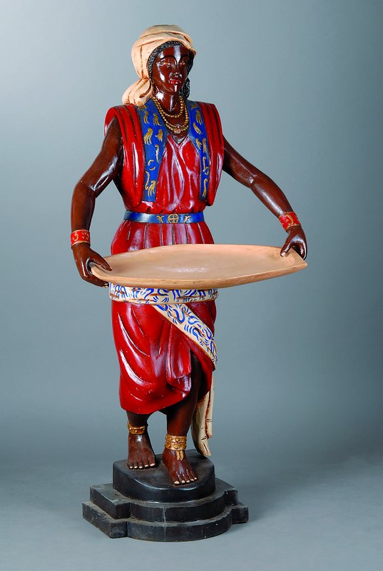 Stummer Diener, Orientale mit Tablett, ca. 30 Jahre alt, Hartholz bemalt, st. Gebr.-Sp., Alterssch., H.171 cm