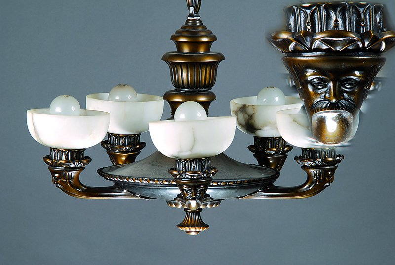 Deckenlampe, Historismus, Renaissancestil, um 1920, Messing patiniert, 5 Brennstellen, Alabasterschirme, H.ca.55cm, D.ca.70cm, Elektr. nicht gepr., ...
