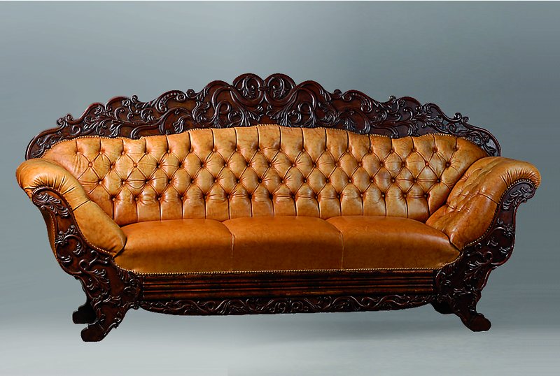 Sofa, deutsch, um 1860/70, Mahagoni, reich geschnitzt in Form v. Voluten und Akanthusblättern, Bezug uns Polsterung erneuert, Nagelverz., Teile ...