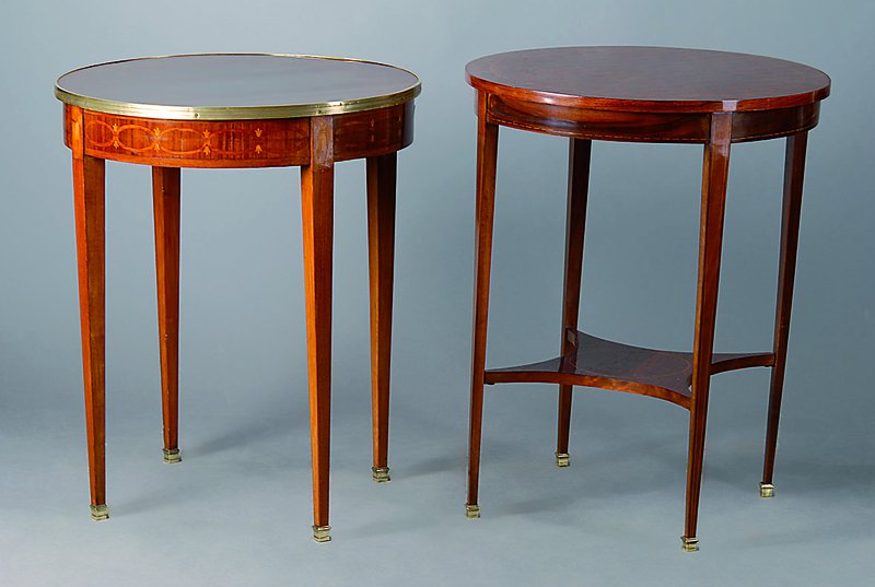 Runder Tisch, nach franz. Vorbild v. 1770, um 1900, Palisanderfurnier, Platte würfelartig parkettiert, Gebr.-Sp., H. 76 cm, D. 60 cm