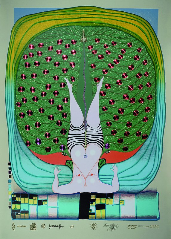 Hundertwasser, Friedensreich, 1928-2000, Hommage a Schröder-Sonnenstern, Farbsiebdruck mit Metallfolienprägung, drucksigniert und num. 838/4200, ...