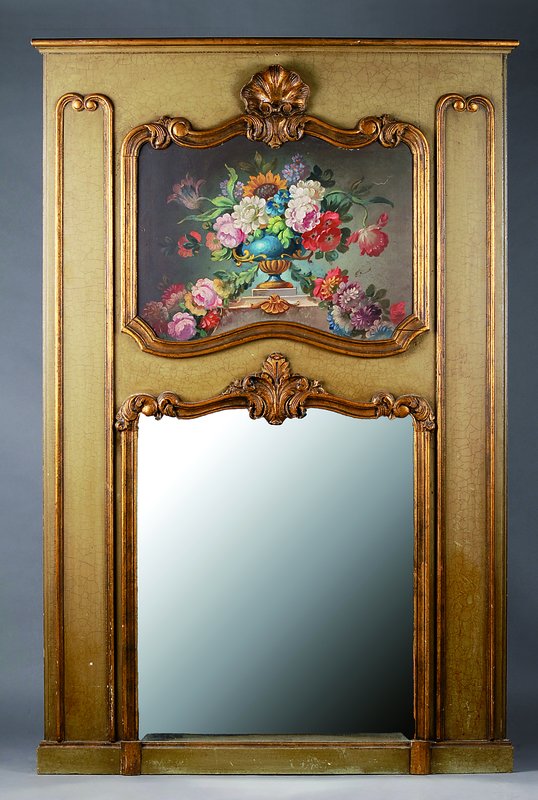 Großer Spiegel, deutsch, um 1900, nach dem Vorbild v. 1750, Holz mit reicher Blumenbemalung, facett. Spiegelglas, Volutenverz., krakeliert, st. ...