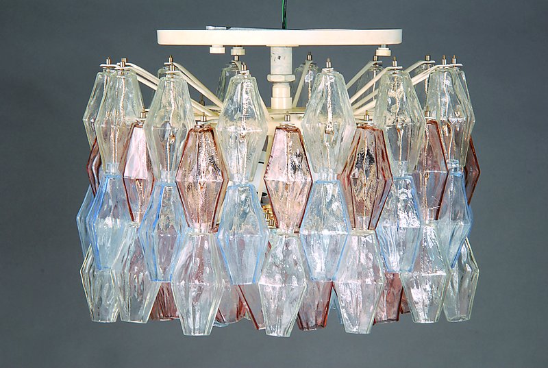 Deckenlampe, Venini Murano, Entw. Carlo Scarpa, 50er J., Ausformung 70er J., Metallmontur mit 4 Reihen Glaskörper, Elektr.nicht gepr., H.ca.36cm, ...