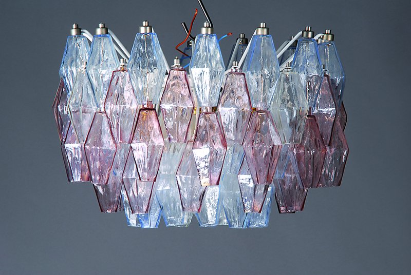 Deckenlampe, Venini Murano, Entw. Carlo Scarpa,50er Jahre, Ausformung 70er Jahre, Metallmontur mit vier Reihen Glaskörper, 9 Brennstellen, Elektr. ...
