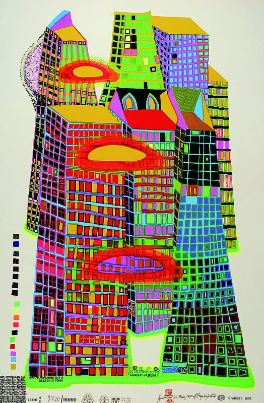 Hundertwasser, Friedensreich, 1928-2000, Good morning City-Bleeding Town, Farbsiebdruck mit Metallfolienprägung, num. 8720/10000, a. 84x55cm, ...