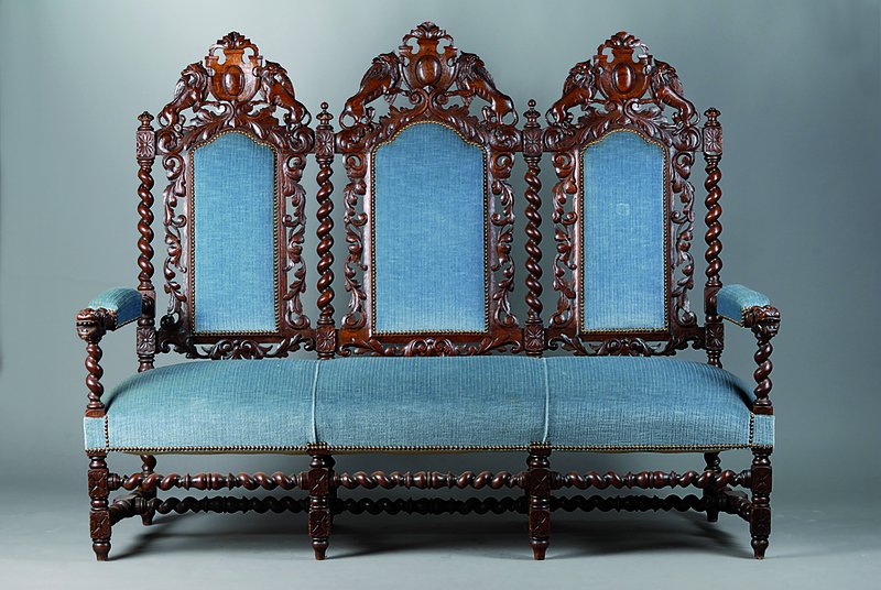 Sofa, deutsch, um 1880, Danziger Barockstil,Eiche massiv, Korpus stark gedrechselt, korkenzieherförmige Rückenlehne mit Durchbruchschnitzereien, ...