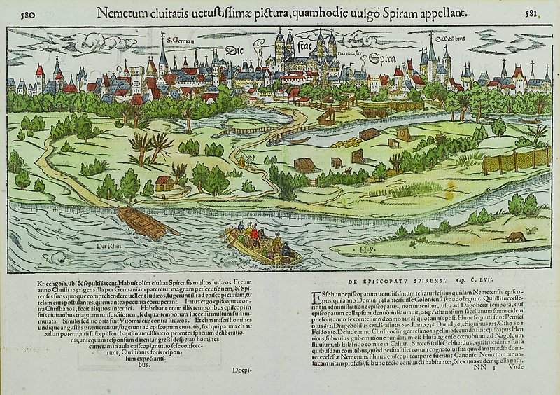 Holzstich aus Sebastian Münsters Cosmographie, 17. Jh., Die Stadt Speyer am Rhein, sek. koloriert, ca. 28x39cm, PP, u.Gl., R.