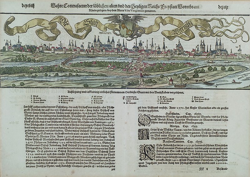 Holzstich aus Sebastian Münsters Cosmographie,17. Jh., Die Stadt Worms, sek. koloriert, ca. 28x40cm, PP, u.Gl., R.