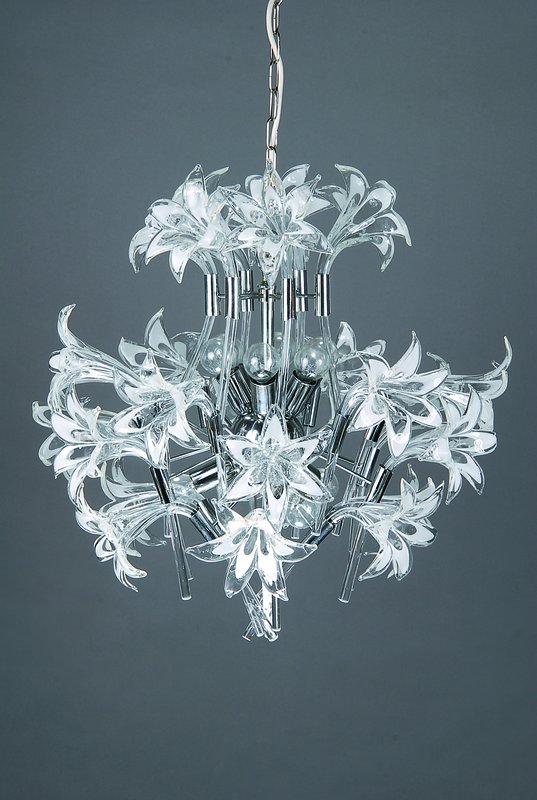 Deckenlampe, Murano/Italien, 70er Jahre, Metallmonturen mit eingesteckten Blüten, diese farbloses mundgeblasenes Glas mit weiß- opaken ...
