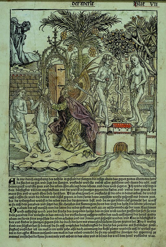 Holzstich, wohl Schedelsche Chronik, um 1480-1520, frühes Blatt, Nr. 7, Darstellung der Welt, Vertreibung aus dem Paradies, Versuchung des Adams ...