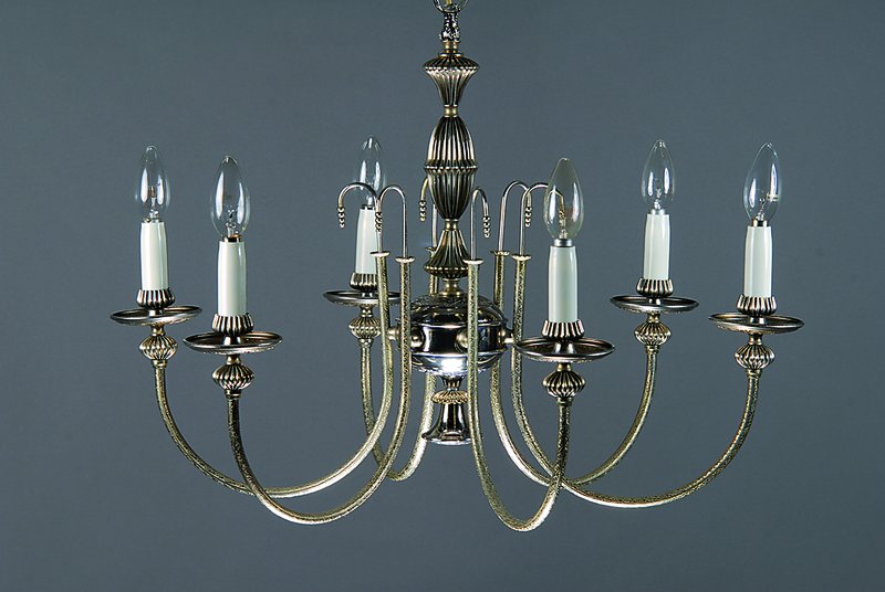 Deckenlampe, Spanien, 20er Jahre, Weissbronze, z. T. versilbert, sechs Brennstellen, umgerüstete Stromführung, diese nicht geprüft, lt. ...