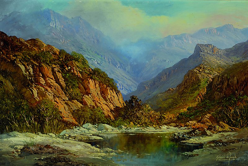 de Jongh, Gabriel Cornelis, 1913 Amsterdam-2004, Afrikanische Berglandschaft,Öl/Lwd, signiert, verso Aufkleber der Neil Sack Gallery in ...