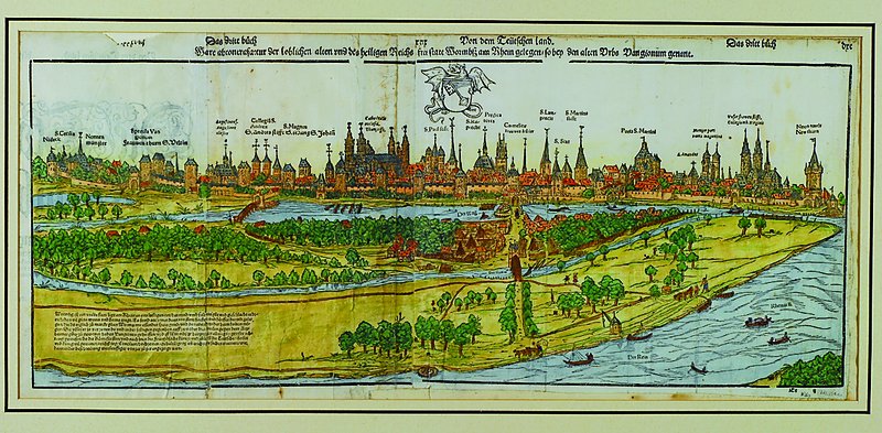 Holzstich aus Sebastian Münsters Cosmographie, um 1580, aus drei Blättern zusammengefügt, später koloriert, leicht knitterfaltig, ca. 29x66cm, ...