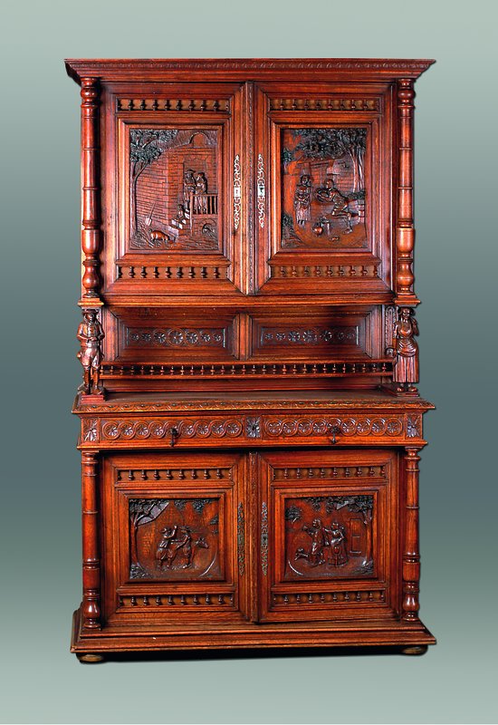 Aufsatzbuffet, Flandern, um 1880, Eiche massiv, Unterteil 2-türig, 2-schübig, Mittelteil m. Balustrade, Oberteil 2-türig, reiche aufwendige ...