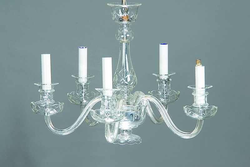 Deckenlampe, Böhmen, 50/60er Jahre, Monturen ummantelt mit geschliffenem farblosem Glas, 5 Brennstellen