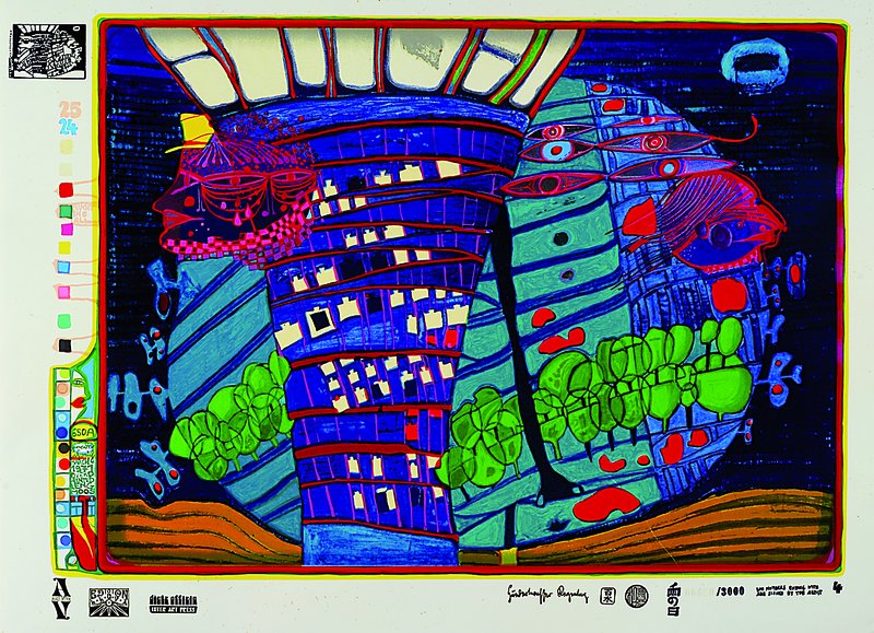 Hundertwasser, Friedensreich, 1928-2000, Blatt 4 der Regentagmappe: Flucht ins All, HWG 47, Lithographie, drucksigniert und nummeriert 680/3000, ca. ...