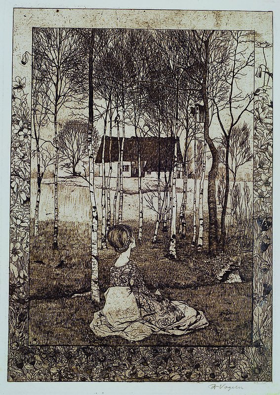 Heinrich Vogeler, 1872-1942, der Frühling, Radierung, handsigniert, altersbedingt fleckig und geknickt, ca. 49 x 37cm