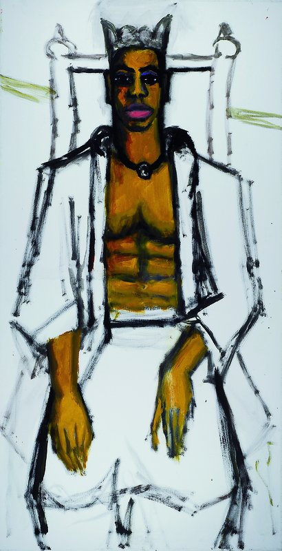 Gernot Kissel, 1939-2008 Worms, auf Thron sitzender König, Öl/Lwd., unsigniert125 x 65 cm und Lithographie, Jacqueline, sitzend, rauchend, 63 x 36 ...