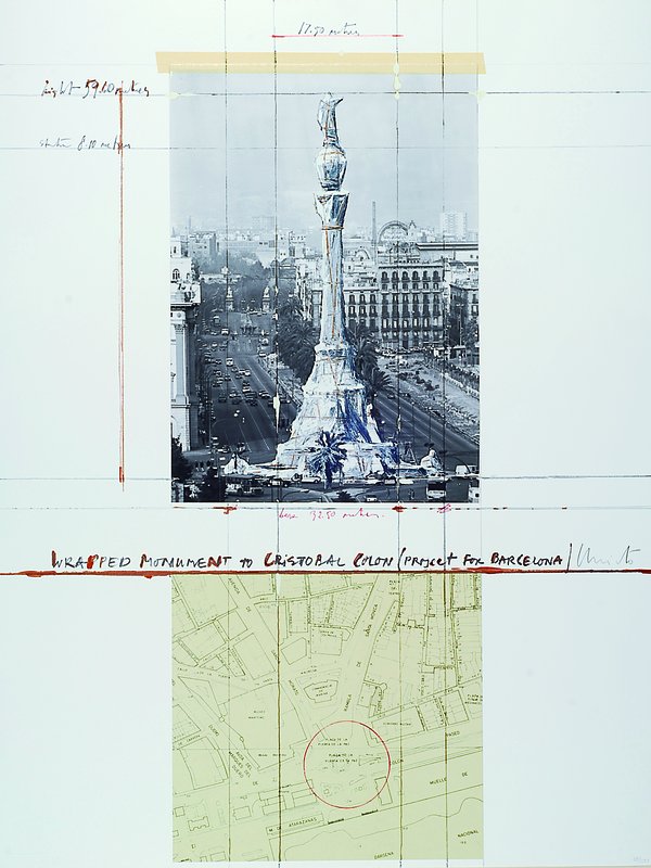 Christo, geb. 1935, Wrapped Monument Cristobal Colon, project for Barcelona, aus der Columbus Mappe "In search of a new tomorrow", Artists ...