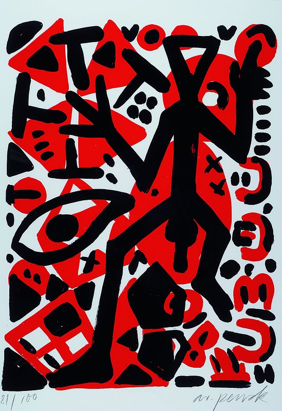 A.R. Penck, geb. 1939, Farbserigraphie, handsigniert und num. 81/100, ca. 58x43cm, unter Glas, Rahmen