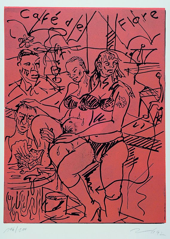 Jörg Immendorff, 1945-2007, Cafe de Fiore, Farblinolschnitt von 1992, handsigniert und num. 196/200, ca. 58x43cm