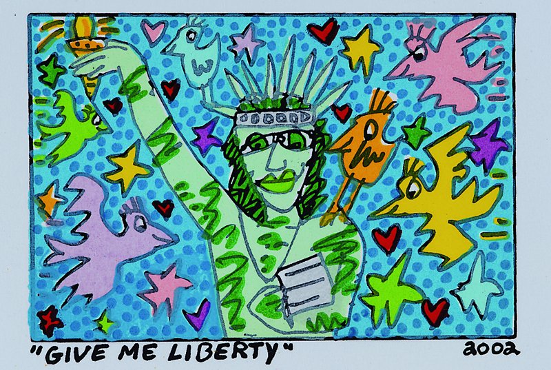 James Rizzi, 1950-2011 New York, Give me liberty, Original Farblithographie von 2002 auf Bütten, Blattgrösse ca. 14.5x12 cm, Motivgrösse ca. ...