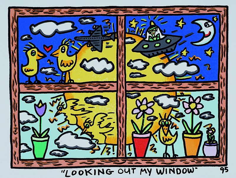 James Rizzi, 1950 New York-2011, Looking out my window, Original Farblithographie von 1995 auf Bütten, Blattgrösse ca. 28x26cm, Motivgrösse ca. ...