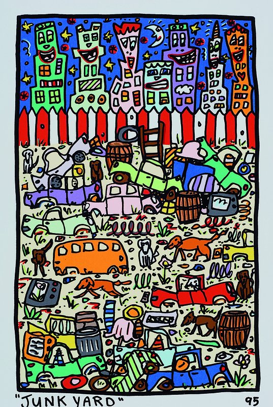 James Rizzi, 1950 New York-2011, Junk Yard, Original Farblithographie von 1995 auf Bütten, Blattgrösse ca. 34x25cm, Motivgrösse ca. 26.5x16.5cm