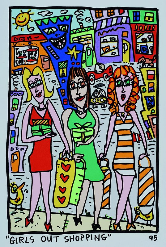 James Rizzi, 1950 New York - 2011, Girls out shopping, Original Farblithographie von 1995 auf Bütten, Blattgrösse ca. 35.5x24.5cm, Motivgrösse ca. ...