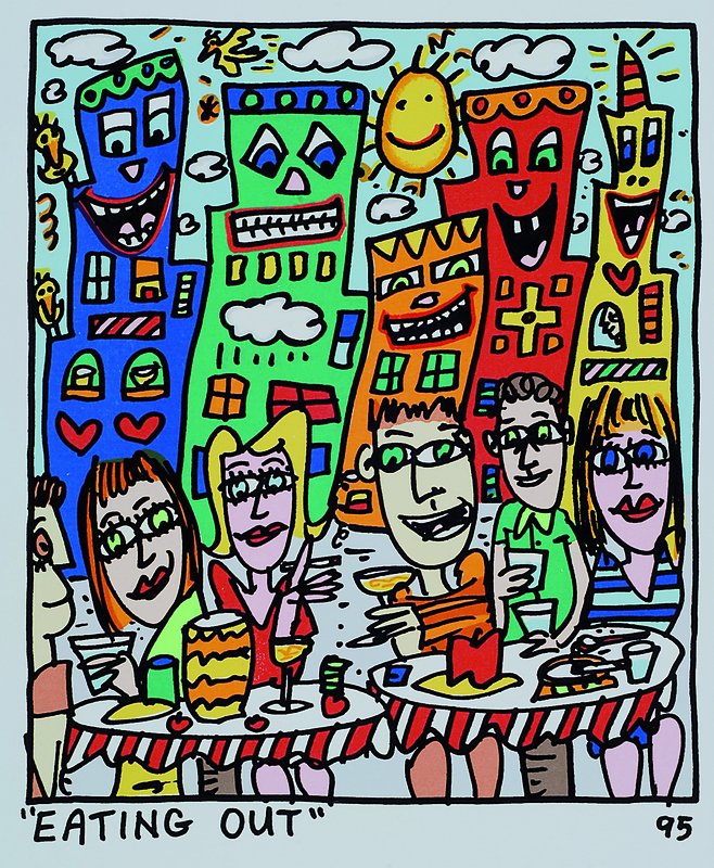 James Rizzi, 1950 New York -2011, Eating out, Original Farblithographie von 1995 auf Bütten, Blattgrösse ca. 29x26.5cm, Motivgrösse ca. 21x17cm