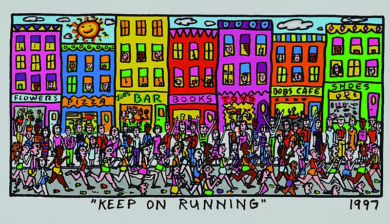Rizzi, James, 1950 New York - 2011, Keep on running, Farblithografie von 1997 auf Bütten, Blattgrösse ca. 35x23cm, Motivgrösse ca. 28x15cm