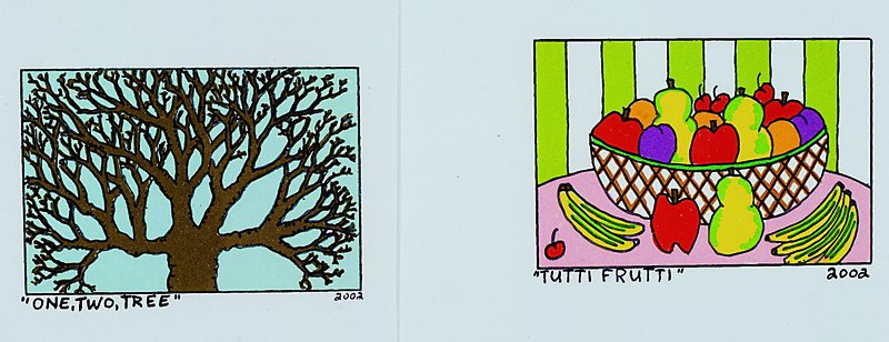 Rizzi, James, 1950 New York - 2011, zwei Farblithographien, 1x one, two, three, 1x Tutti Frutti, jeweils datiert 2002, Motivgrösse ca. 8x6cm, ...