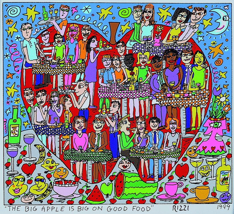 James Rizzi, 1950 New York-2011, The big apple is big on good food, Farblithographie auf Leinwand aufgezogen, datiert 1999, ca. 21x20cm, Rahmen