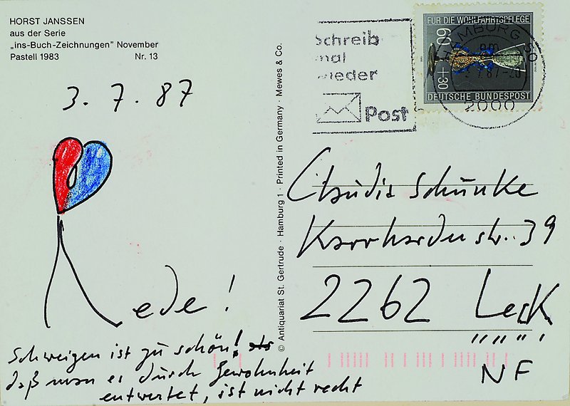 Horst Janssen, 1929-1995, Postkarte mit kleiner Zeichnung von 1987, ca. 10x15cm