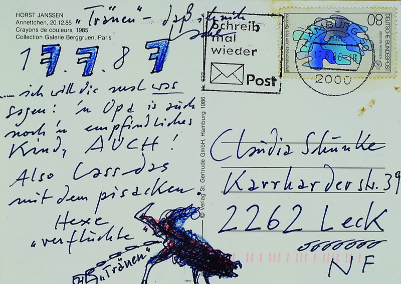 Horst Janssen, 1929-1995, Postkarte mit kleiner Zeichnung von 1987, ca. 10x15cm